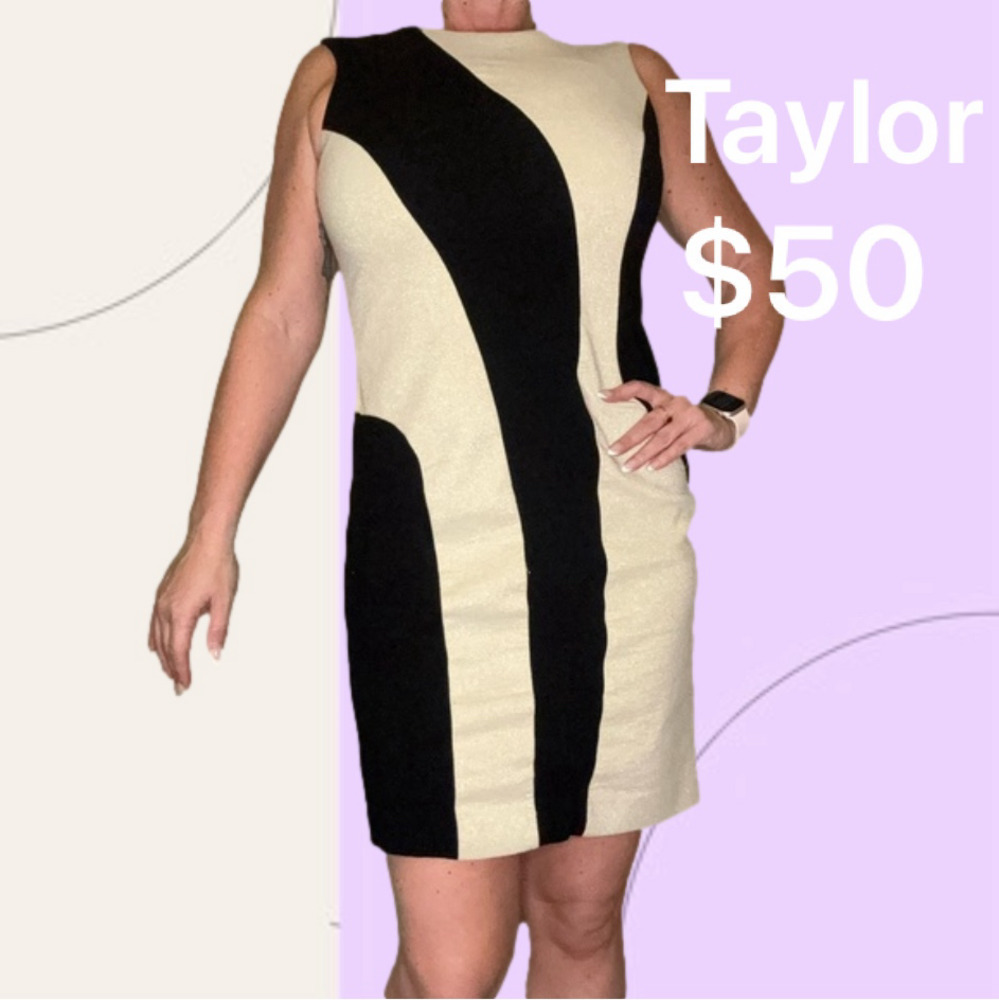 Taylor Sleeveless Black & White Colorblock Sheath Midi Dress | Size 8